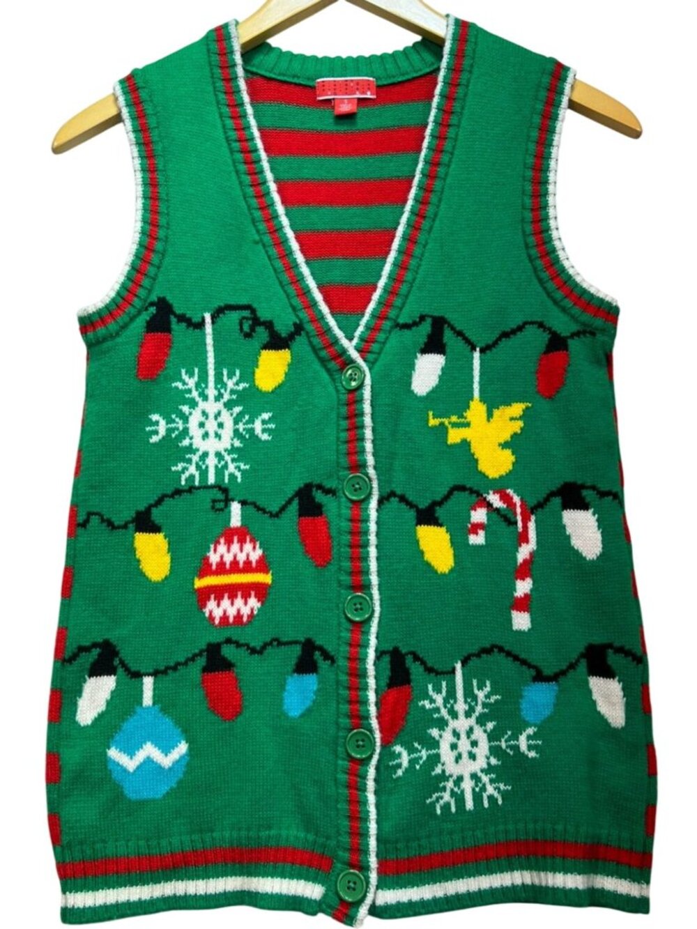 Ugly Christmas Womens Sweater Vest Button Front Sleeveless Sz S Green Red Stripe